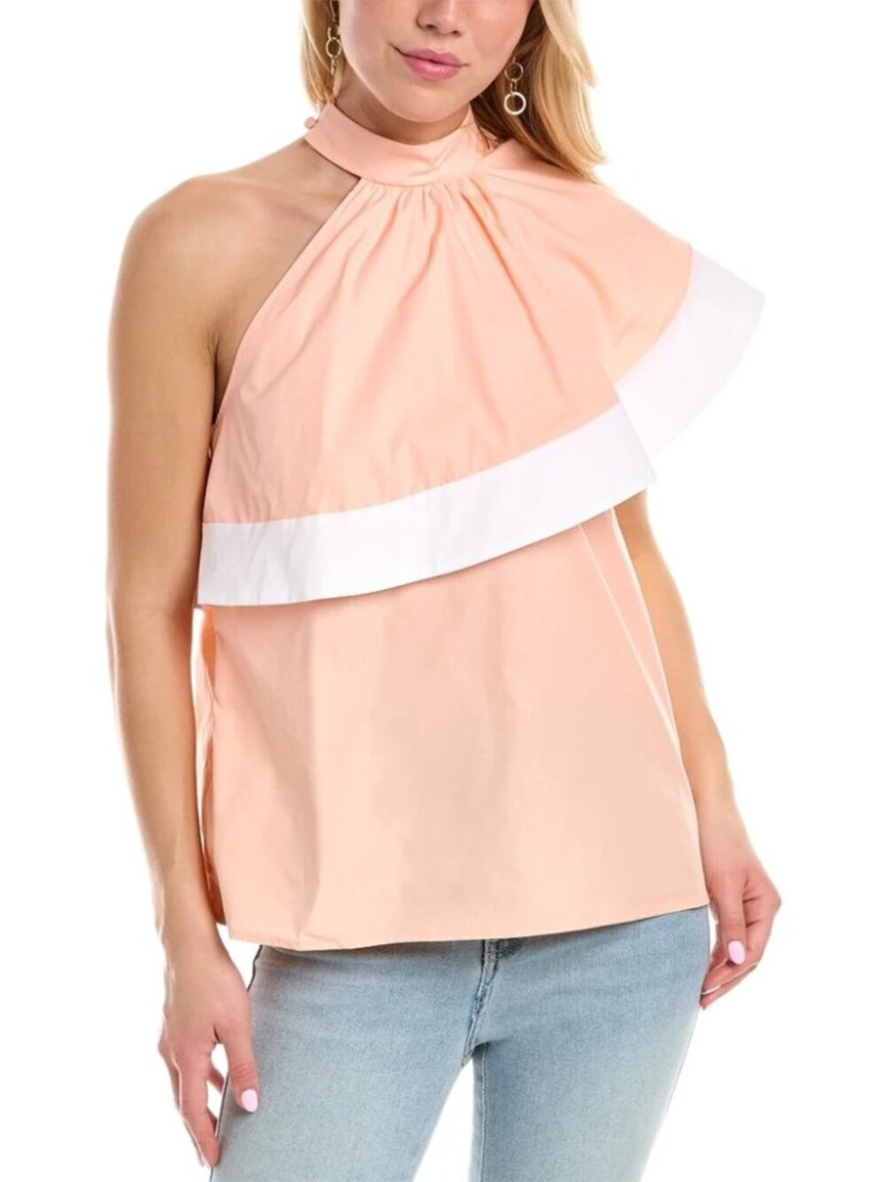 NWT Pearl By Lela Rose Poplin Asymmetrical Ruffle Top Pink & White Halter Sz XS